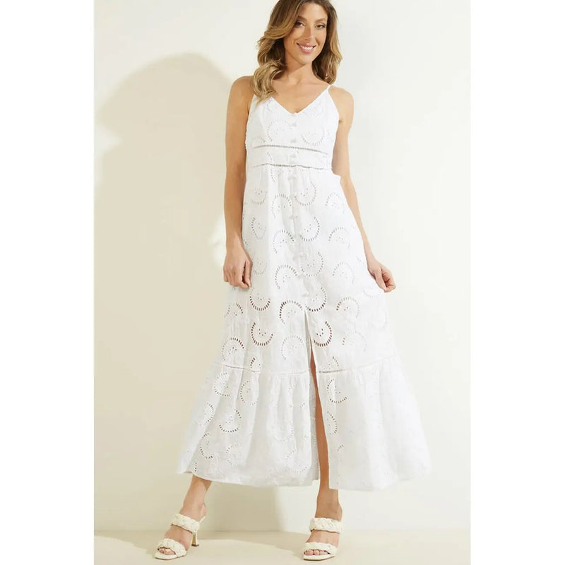 Guess White Cotton V Neck Dress with Straps
