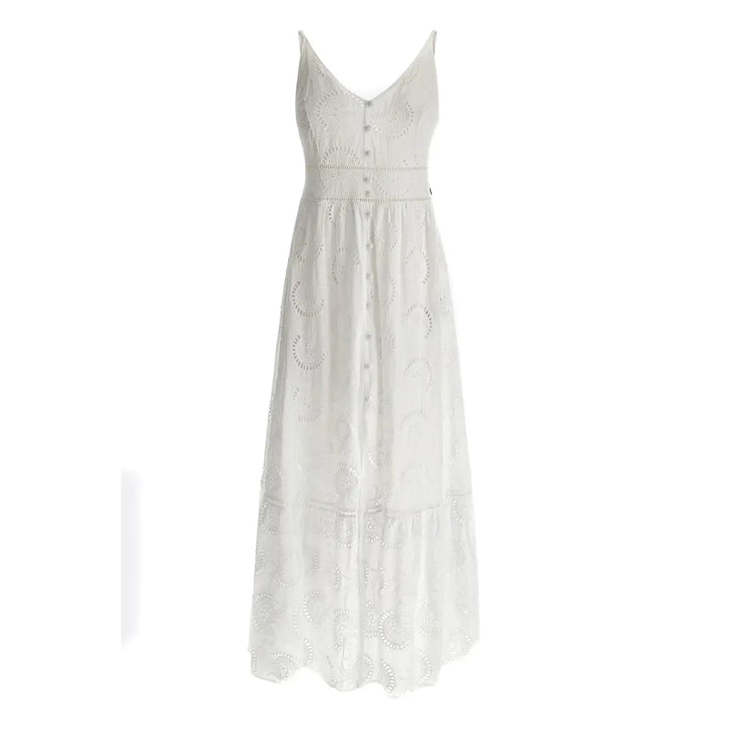 Guess white cotton v-neck maxi dress with eyelet lace fabric and button-front detailing with straps