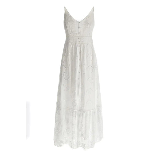 Guess white cotton v-neck maxi dress with eyelet lace fabric and button-front detailing with straps
