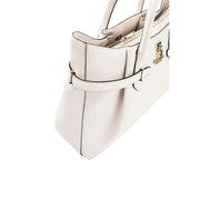 A sleek white polyurethane Guess handbag tote with gold-tone hardware and a minimalist design with shoulder strap