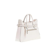 Guess white polyurethane handbag featuring a sleek white leather tote design with structured handles and front zippered pocket