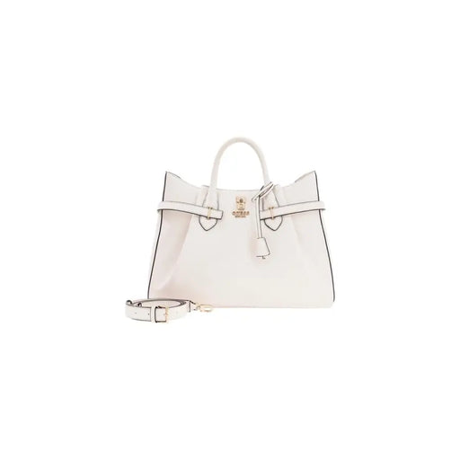 Guess white polyurethane handbag with white leather, gold-tone hardware, and detachable shoulder strap