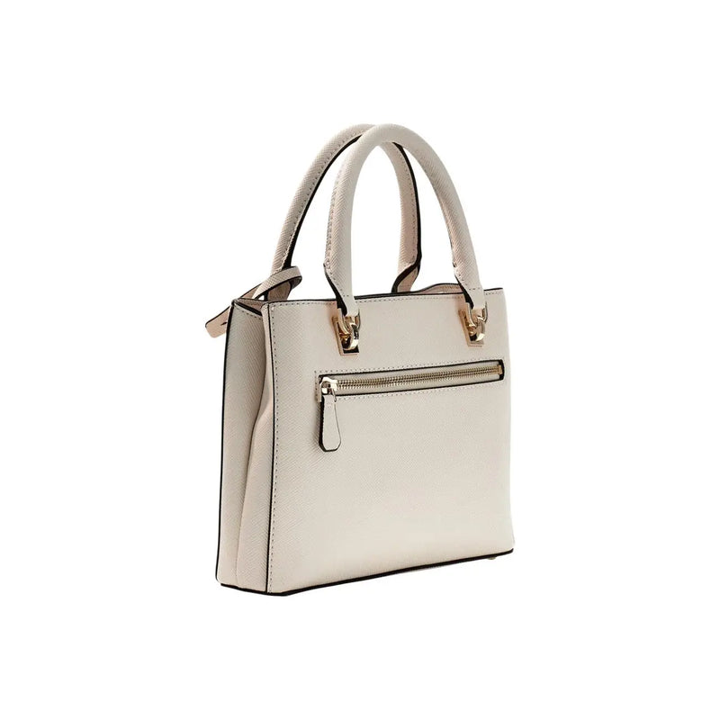Cream-colored Guess leather handbag with gold-tone hardware and structured design with shoulder strap