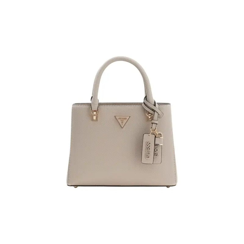 Guess Sac à main en cuir texturé beige avec détails dorés et logo triangulaire