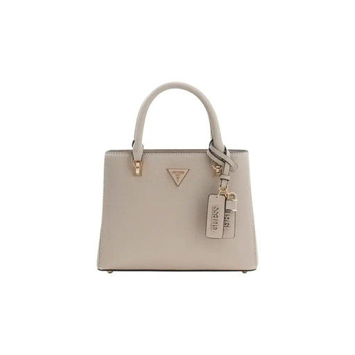 Guess beige textured leather handbag with gold hardware, triangular logo