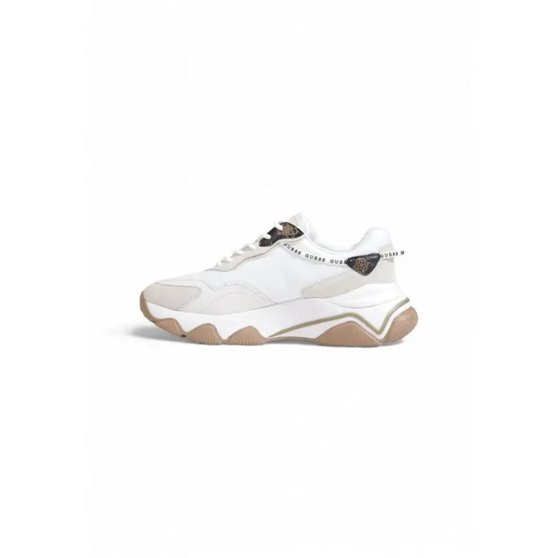 White Guess women lace up textile rubber sneakers with beige accents and chunky sole for fall winter wear