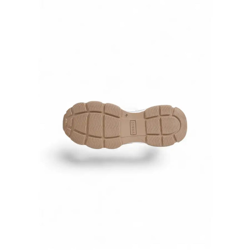 Tan rubber sole with chunky texture and embossed Guess branding on white women lace up textile sneakers fall winter