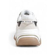 White Guess women lace up textile rubber sneakers with black textured accents and tan rubber sole for fall winter wear