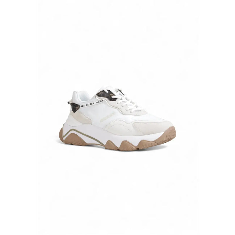 Back view of guess white women lace up textile rubber sneakers with beige chunky sole and black branding detail on heel