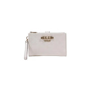 White guess wristlet with embossed logo pattern and gold-tone metal clasp from spring summer collection