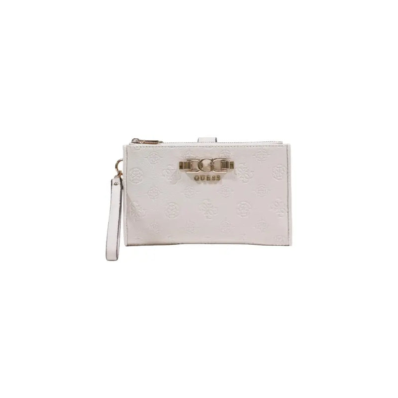 White guess wristlet with embossed logo pattern and gold-tone metal clasp from spring summer collection