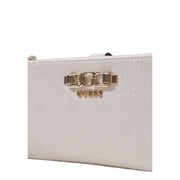 Guess white zip button bag with gold-tone logo clasp and subtle embossed pattern featuring inside pockets for spring summer use