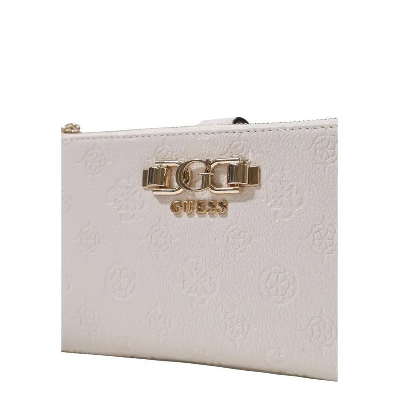 Guess white zip button bag with gold-tone logo clasp and subtle embossed pattern featuring inside pockets for spring summer use