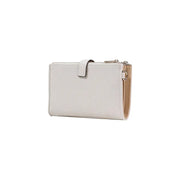 A sleek white leather Guess zip button bag with textured pattern beige interior lining and silver hardware spring summer