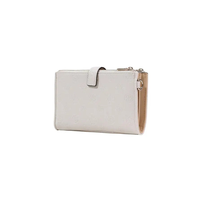 A sleek white leather Guess zip button bag with textured pattern beige interior lining and silver hardware spring summer