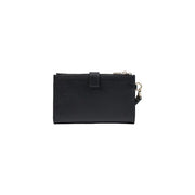 Guess women Amorette black polyurethane wristlet wallet with textured leather and silver zipper keychain attachment