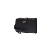 Black textured leather guess women amorette wallet with gold-tone logo and zipper accents in polyurethane 20cm