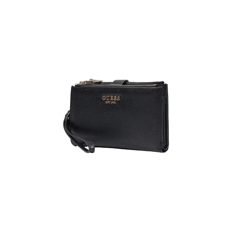 Black textured leather guess women amorette wallet with gold-tone logo and zipper accents in polyurethane 20cm