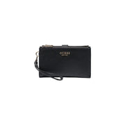 Black textured leather Guess women Amorette wristlet wallet with gold-tone logo and zipper 20cm polyurethane