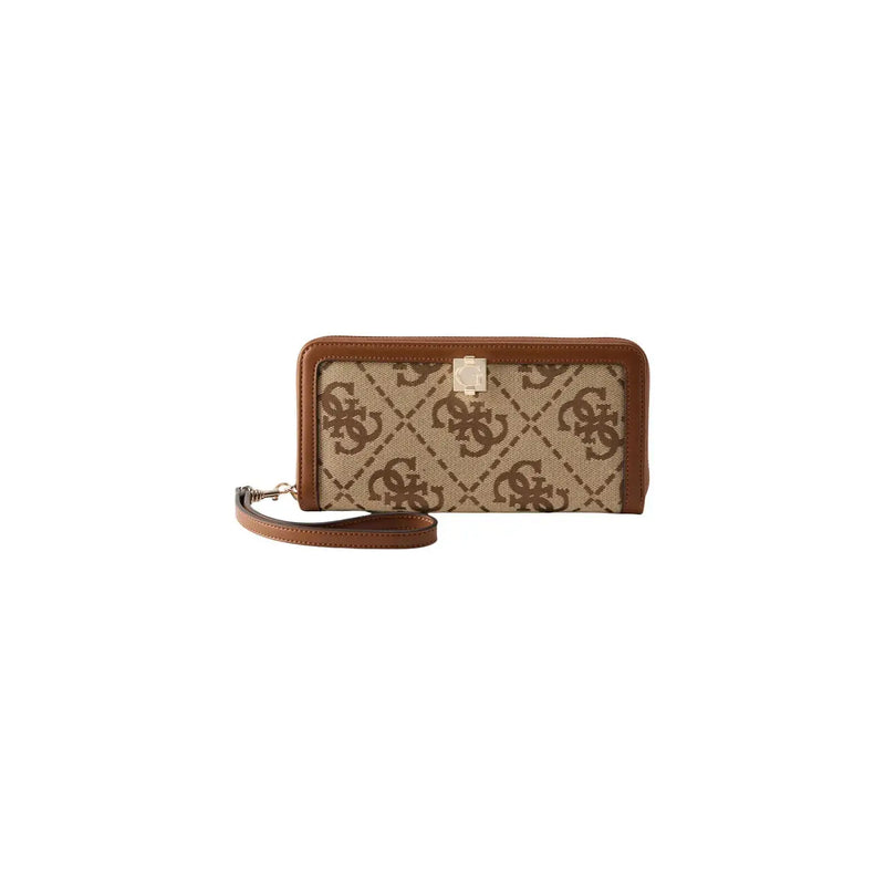 Beige and brown Guess women Audrey logo zip wallet in canvas with monogram pattern and tan leather trim and wrist strap