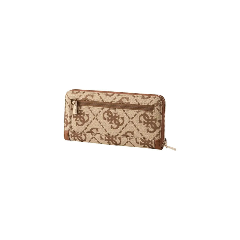 Beige and brown patterned Guess women Audrey logo zip wallet with leather trim measuring 10x20cm