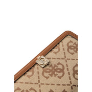 Guess women Audrey logo zip wallet beige canvas clutch with brown monogram and tan leather trim with gold clasp