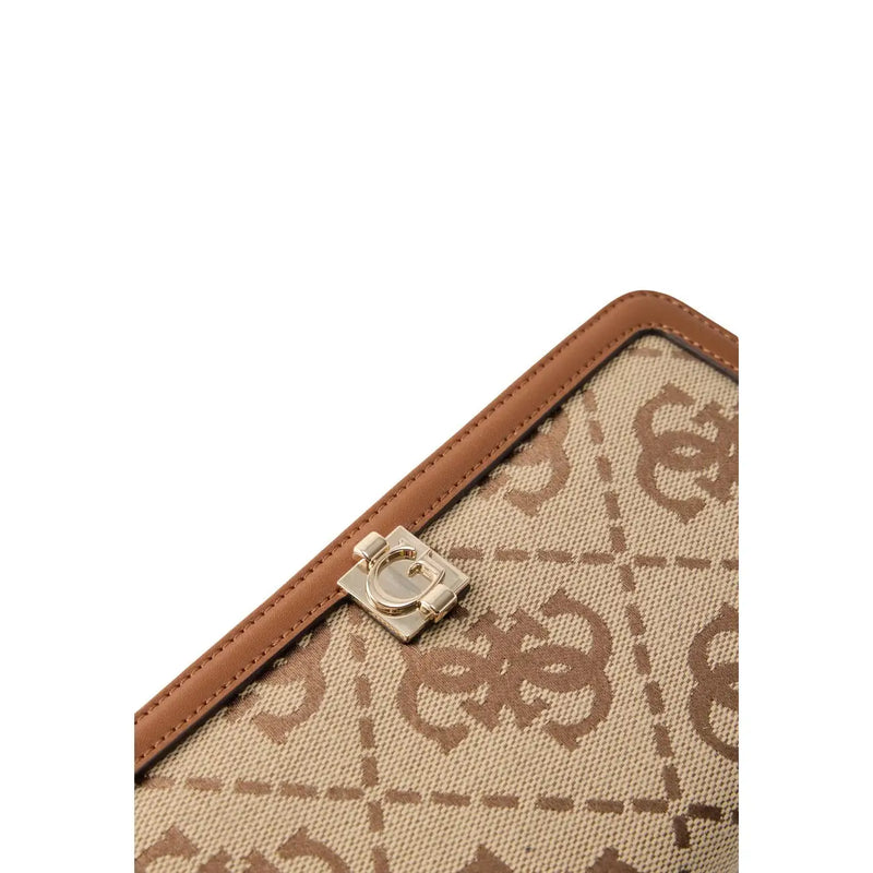 Guess women Audrey logo zip wallet beige canvas clutch with brown monogram and tan leather trim with gold clasp