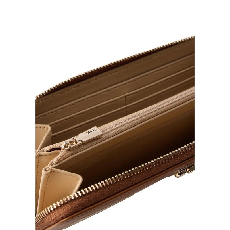 Beige leather guess women audrey logo zip wallet with gold-tone hardware and internal card slots 10x20cm