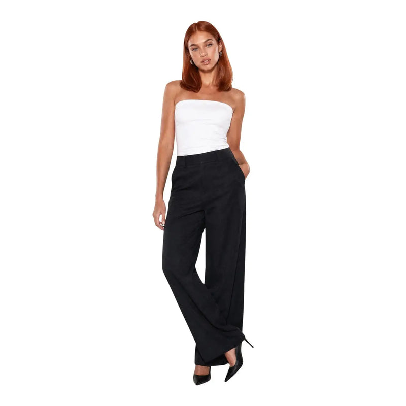 Guess women Bastienne wide leg black viscose trousers with sleek tailored fit and subtle side slit