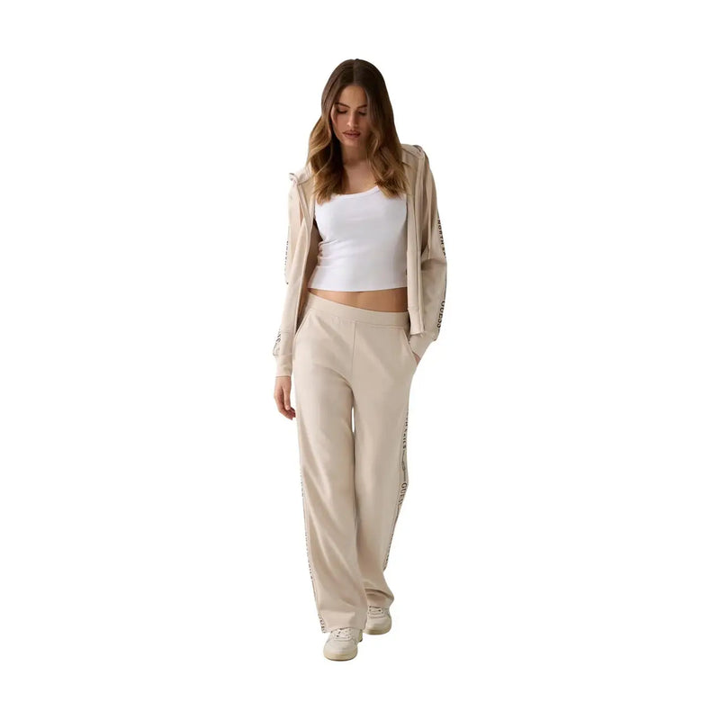 Guess women beige laced sweatpants modal blend trousers with matching jacket featuring vertical text detailing on sleeves and seams