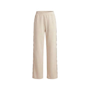 Guess women beige laced sweatpants modal blend trousers with wide-leg cut and subtle vertical text detailing on seams
