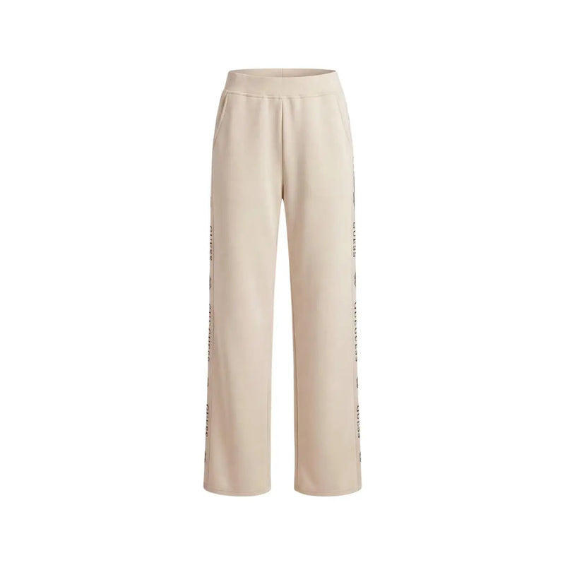 Guess women beige laced sweatpants modal blend trousers with wide-leg cut and subtle vertical text detailing on seams