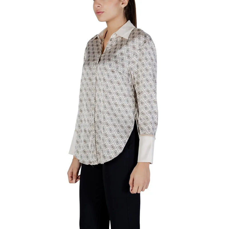 Guess women beige long sleeve alexandra classic shirt with light sheer fabric and dark gray geometric pattern