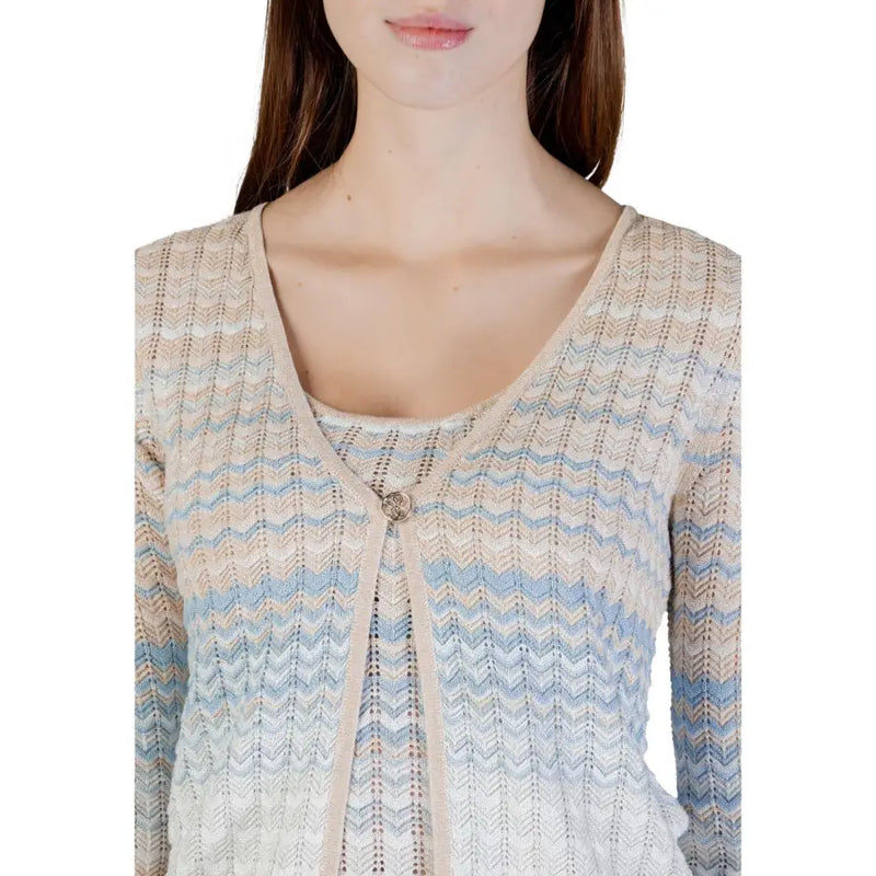Guess women beige and light blue zigzag knitted cardigan with long sleeves v neck and single button closure
