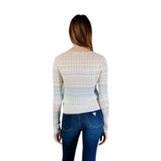 Guess women beige long sleeve button v neck cardigan with ribbed knit and horizontal soft beige blue pink stripes