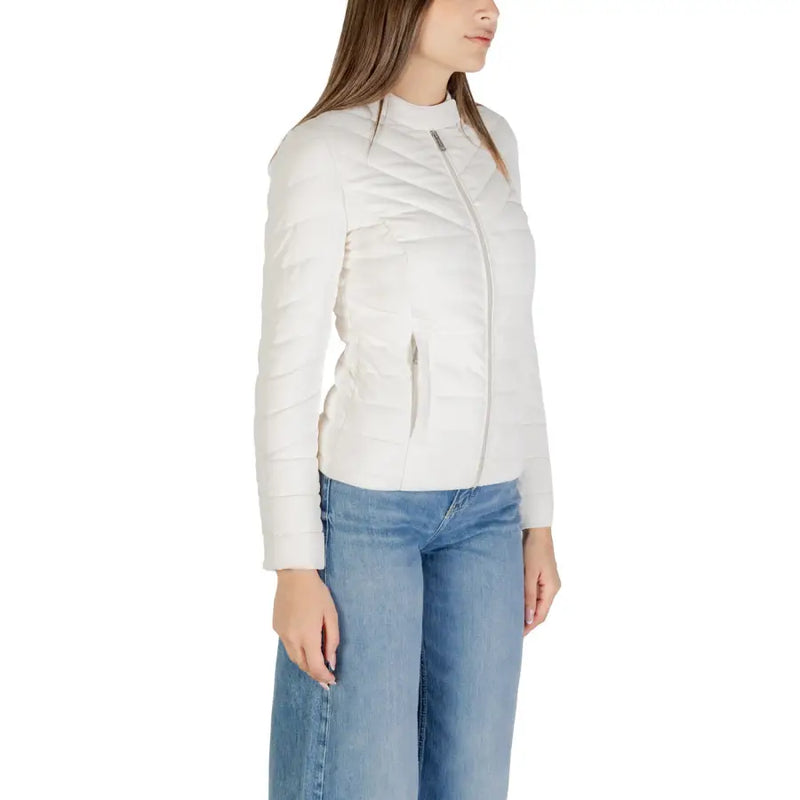 Women’s white quilted puffer jacket with stand collar and zip closure from Guess Women Beige Long Zip Front Jacket collection