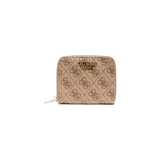 Guess beige print zip wallet with monogram pattern and gold zipper