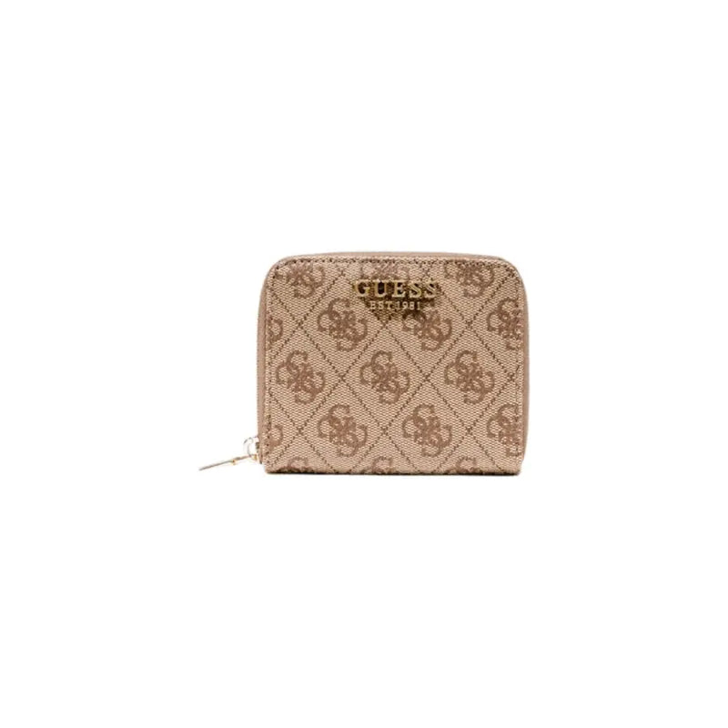 Beige Guess women zip wallet with repeating monogram pattern and gold-tone zipper from fall winter collection