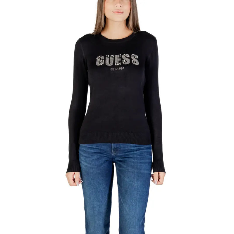 Women’s black long-sleeve T-shirt with rhinestone GUESS EST 1981 logo