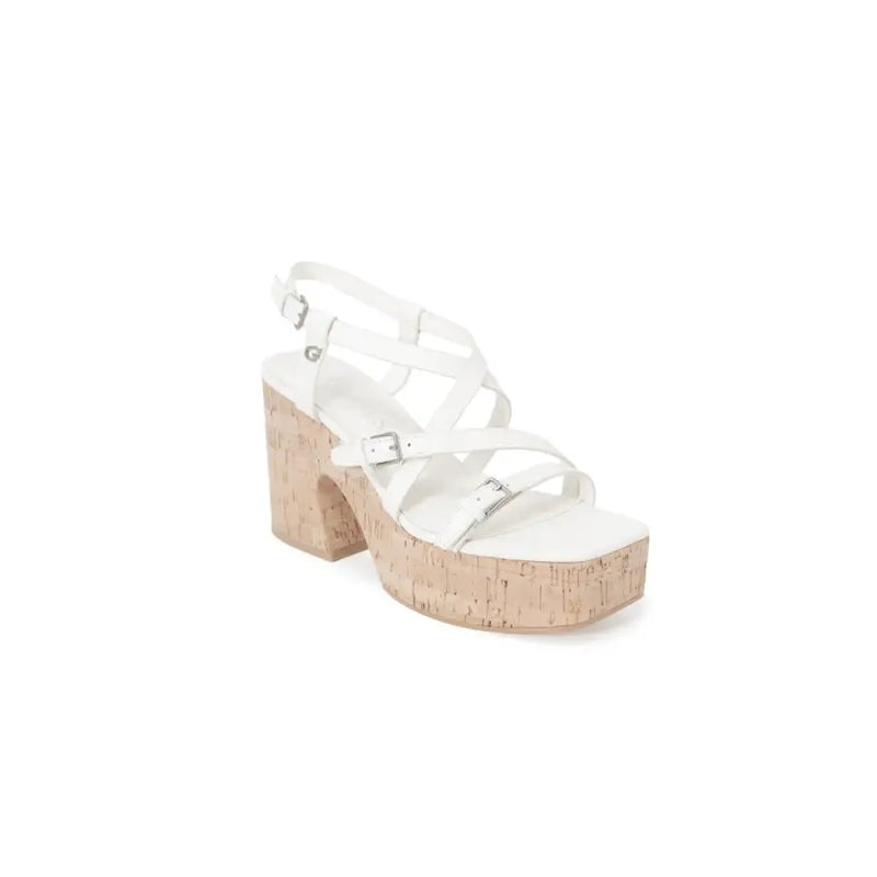 Guess women beige platform sandals with cork sole and multiple white crisscross straps and block heel