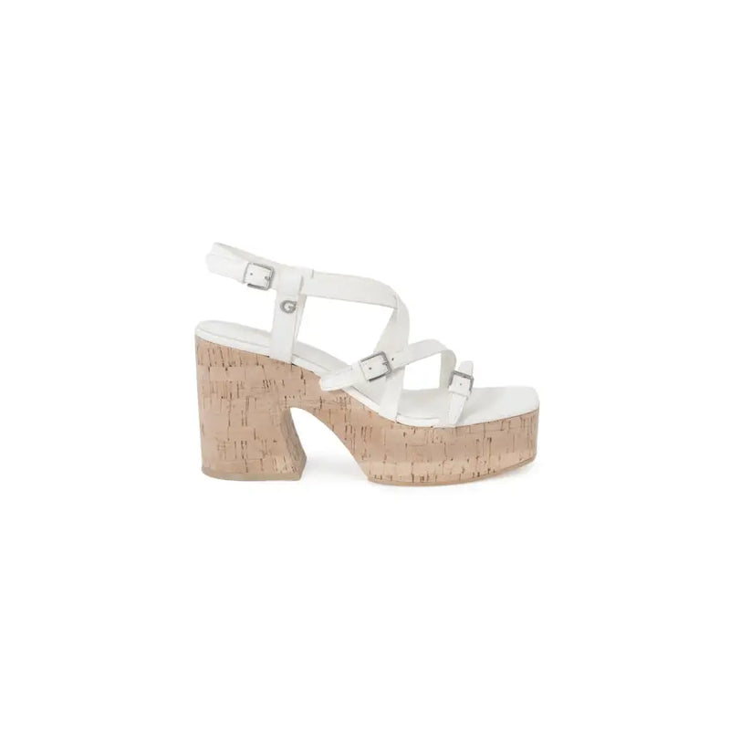 Guess women beige sandals with white strappy design cork platform and block heel featuring silver buckle details
