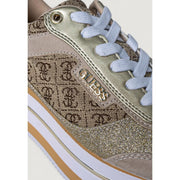 Guess women beige polyester slip on sneakers featuring gold glitter, brown patterned fabric, light blue laces, and metallic logo