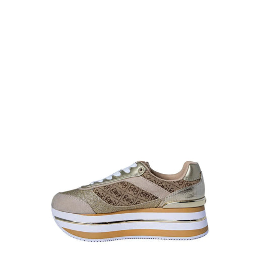 Guess Beigefarbener, goldfarbener Plateau-Sneaker für Damen mit glitzerndem Polyester-Obermaterial und mehrlagigen weißen und hellbraunen Sohlen