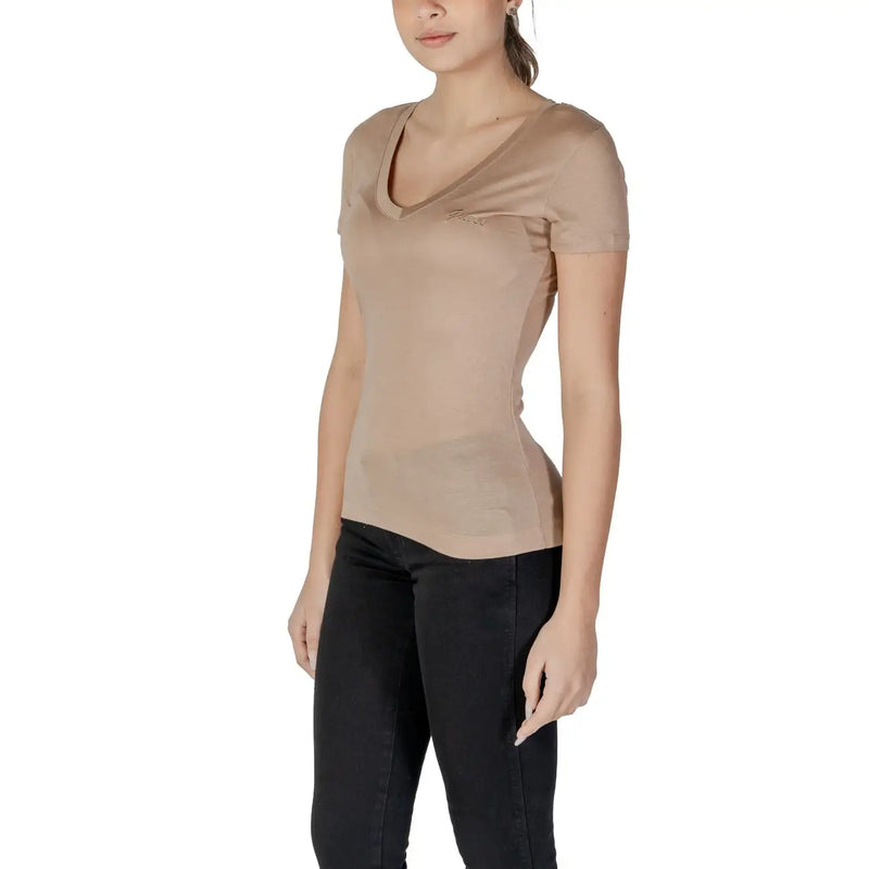 Guess women beige v neck lyocell t shirt short sleeve with subtle embellishments across the chest in front view