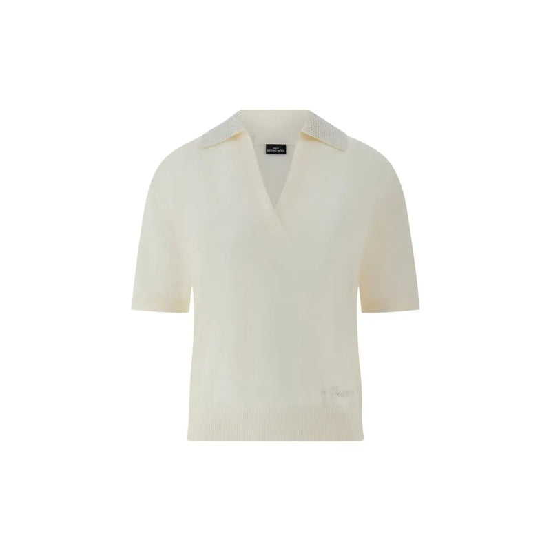 Guess women beige wool polo t shirt short sleeve with cream-colored knit fabric and ribbed collar textured pattern