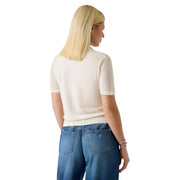 Guess women beige v neck wool polo t shirt short sleeve cream-colored knit top with ribbed neckline and hem
