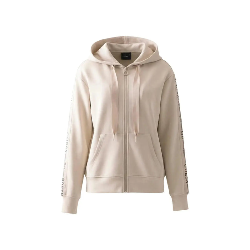 Beige Guess women zip hoodie sweatshirt with subtle side branding and matching drawstring hood in modal blend