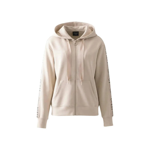 Beige Guess women zip hoodie sweatshirt with subtle side branding and matching drawstring hood in modal blend