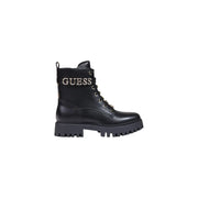 Guess women black leather ankle boots with silver logo detailing, chunky lug sole, and zip laces in polyurethane