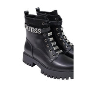 Guess women black leather combat ankle boots with silver metallic lettering and rhinestone-embellished zip laces